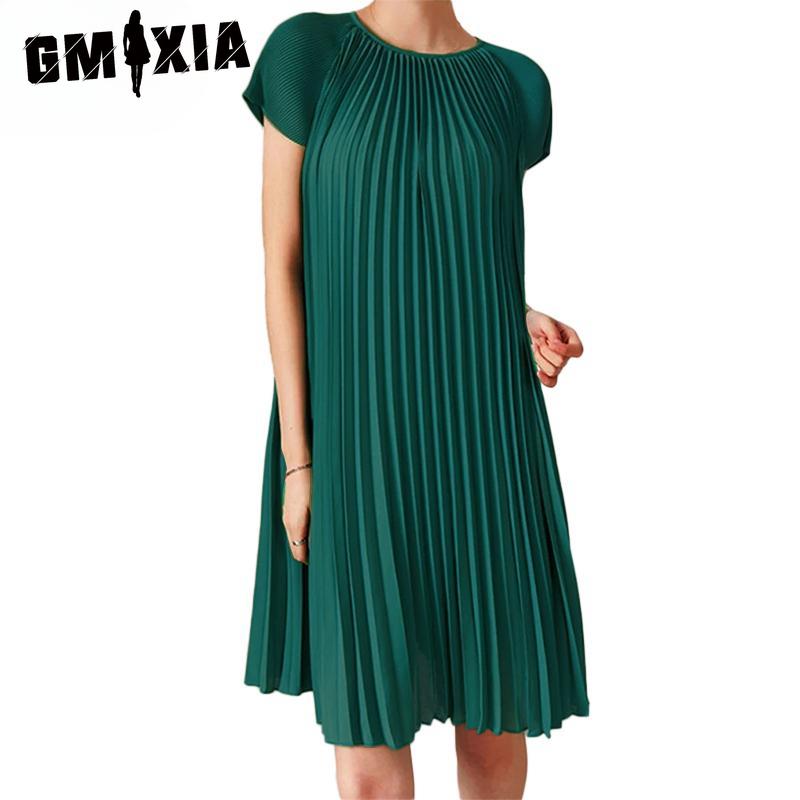 

GMXIA Женское повседневное летнее платье с коротким рукавом и круглым вырезом в складку XXL зелёный