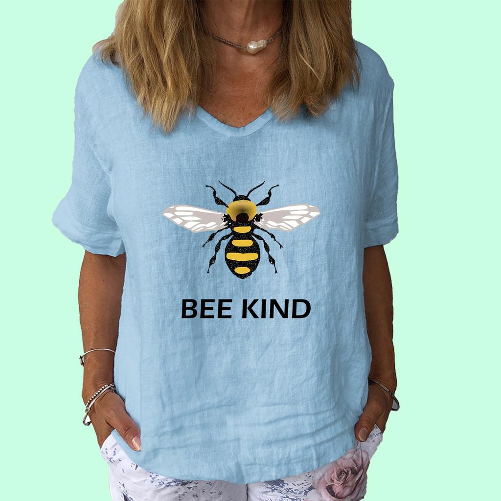 Women Fashion V Neck Short Sleeve Top Summer Casual Cotton Linen Shirt Ladies Print T-shirt