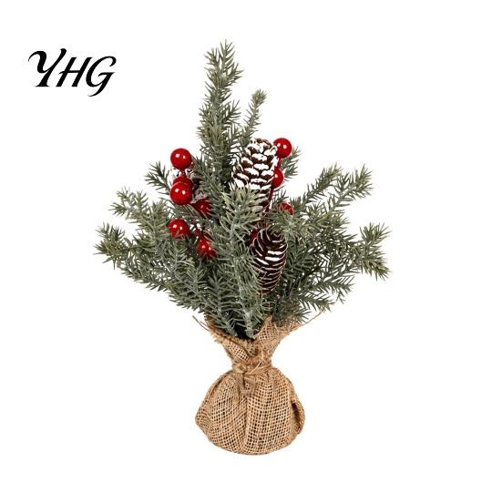 Desktop Holiday Decoration Miniature Christmas Tree with Red Berries, Artificial Mini Pine Burlap Rustic Ornament Base, Tabletop Faux Small Potted for