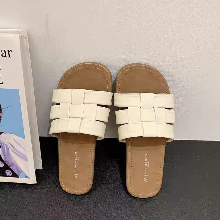 Flat Bottom Woven Hollow One-word Drag Women's Outer Wear New Summer Skirt Soft Bottom Beach Roman Cool Slippers
