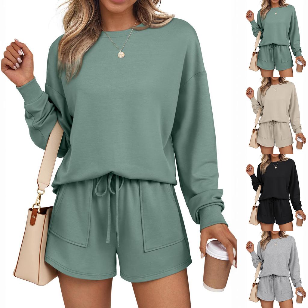 Women's Solid Color Round Neck Long Sleeve Shorts Fashionable Casual Two-piece Sweatshirt Suit