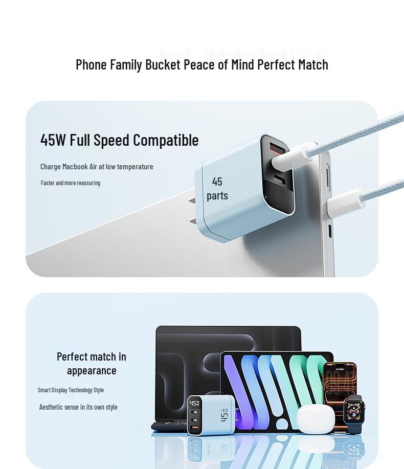 45W Gallium Nitride Fast Charger with Three Ports for iPhone 16 Pro Max