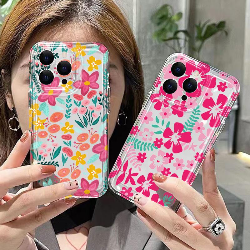 Pink Flower & Leaf Design Phone Case For iPhone 17 16 Pro Max 15 Pro 14 Plus 13 12 11 X XS XR 7 8 Plus 16E 17Air TPU Clear Cover