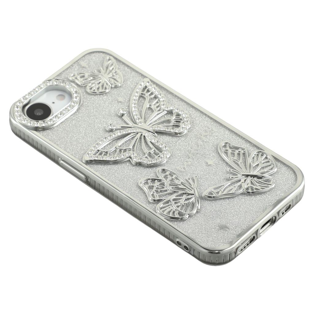 For iPhone 16e Case Rhinestones Decor 3D Butterfly TPU Phone Cover with Glitter Paper