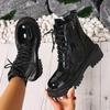35-43 Large-sized Fashionable Women's Shoes, Round-toed Thick-soled Laced Side Zipper Mid-calf Solid Color Motorcycle Boots