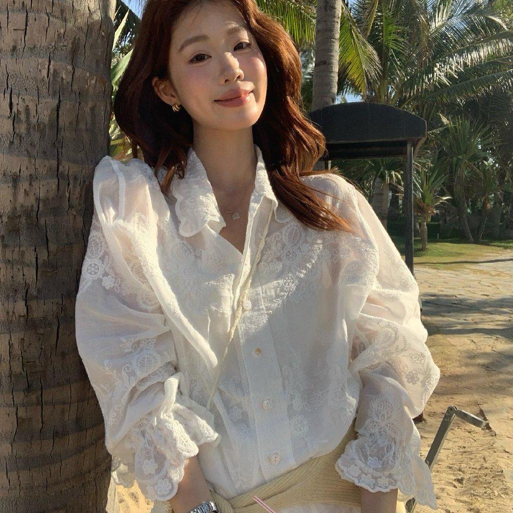 Women's Lemon Green Tea Lace Embroidery Jacquard Shirt - 3D Retro Sun Protection Cardigan for Spring 2026.
