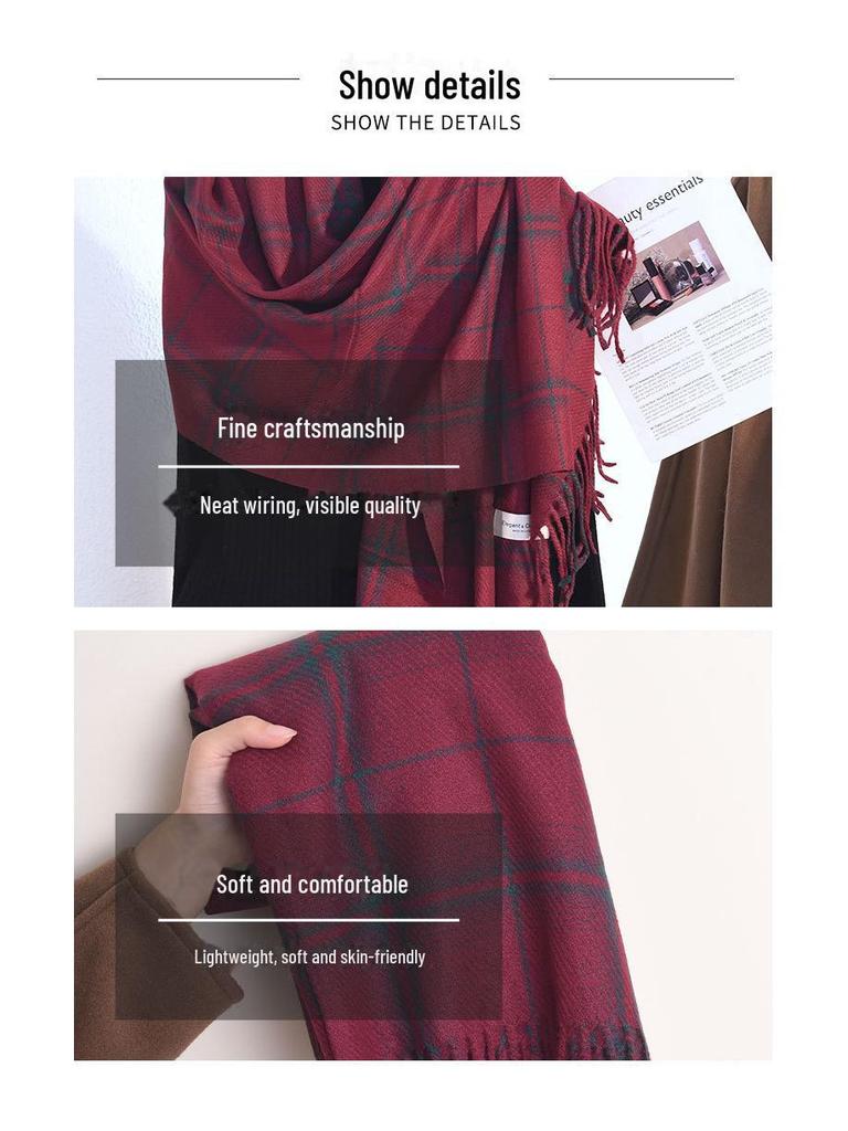 Chic Plaid Scarf for Women - Cozy Imitation Cashmere Shawl for Autumn/Winter, Versatile Korean-Style Neck Warmer
