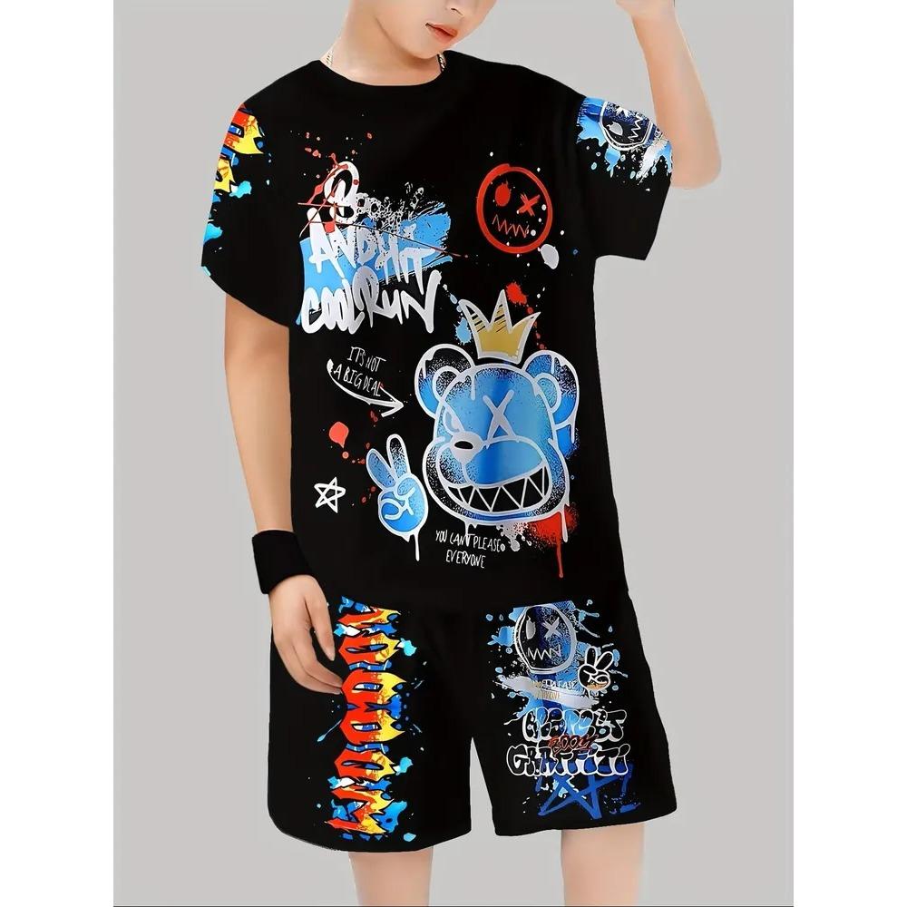 

Summer Cartoon Creative Fun Pattern Children s Summer Fashion Comfortable Soft Breathable Short Sleeved Two-piece Set 110