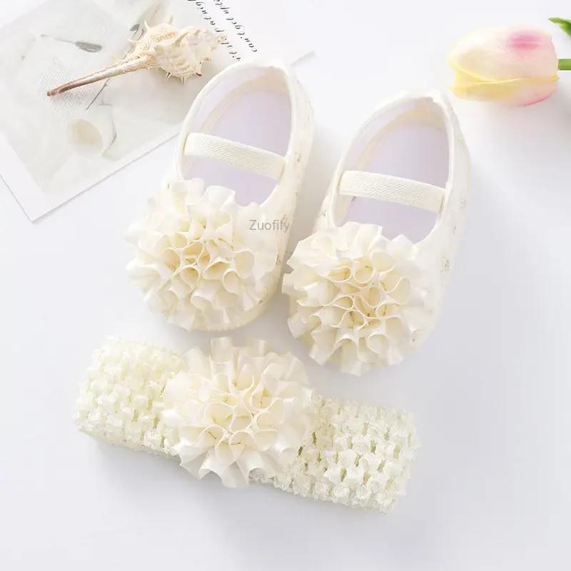 Spring Infant Baby Girl Shoes Newborn Lace Flowers Headband Anti-Slip Soft Sole First Walkers Toddler Kids Cotton Baptism Shoes