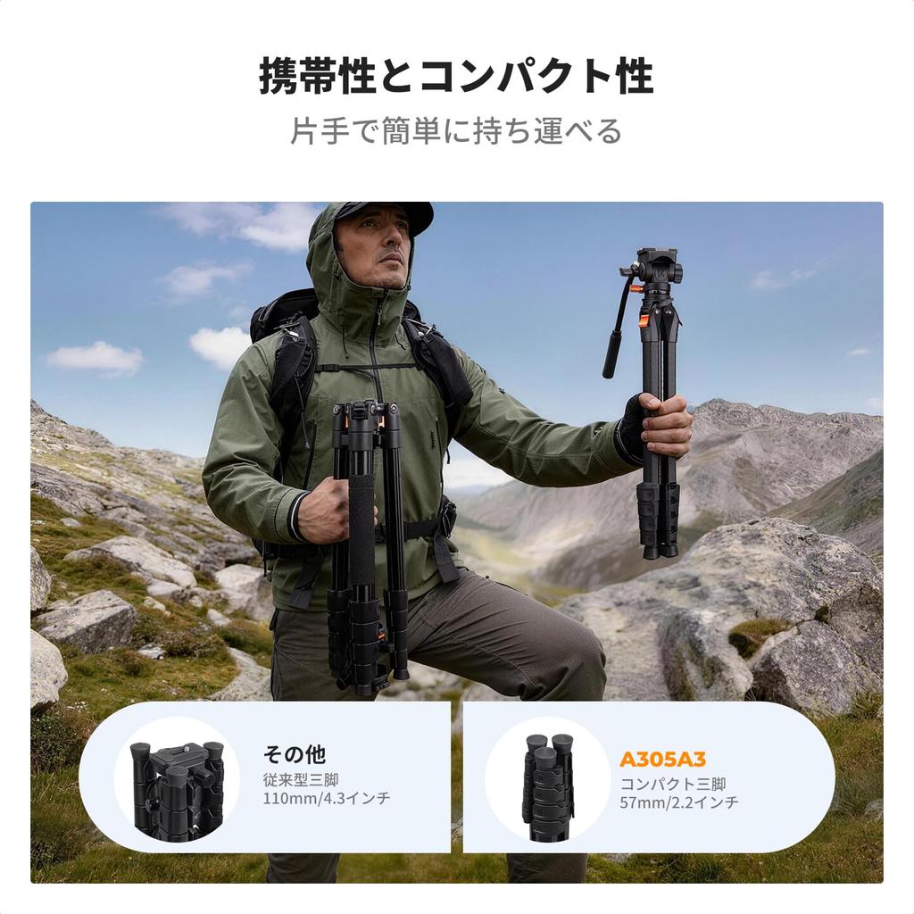CONCEPT Compact and Lightweight Camera Maximum Height Maximum Load Capacity with Fluid K&F Tripod, 187cm, 3kg, Head.