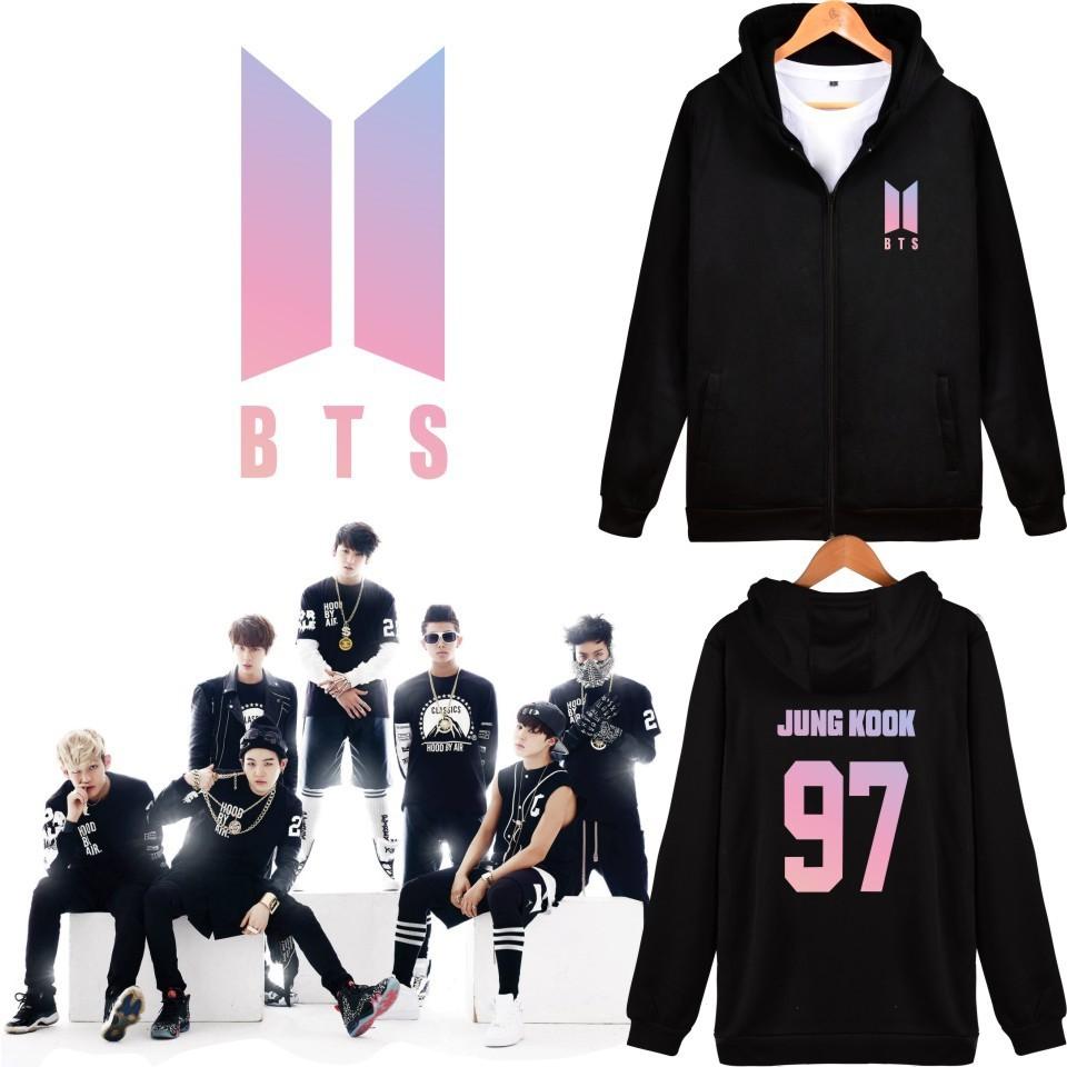 Sweat à capuche avec fermeture éclair et motif BTS pour adolescents, style décontracté