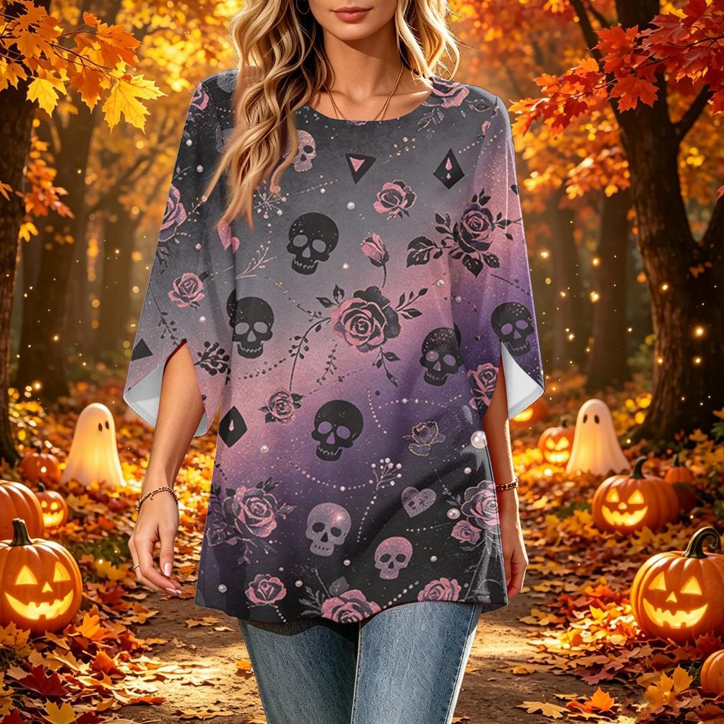 Women's Halloween Print Casual Loose Fit Three-Quarter Sleeve Round Neck Top