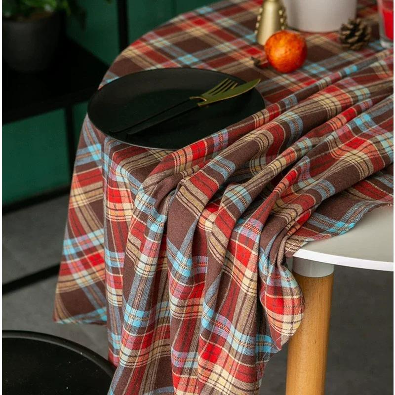 Ins Nordic Christmas Red and White Plaid Tablecloth Cotton and Linen Round Party Decoration Hotel Restaurant Placemat Reusable