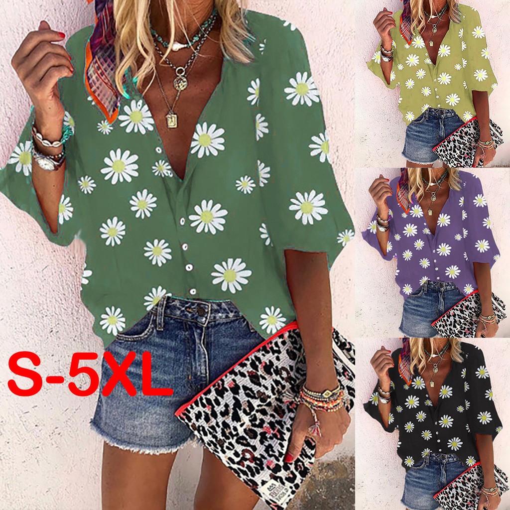 

Мода женщины плюс размер Loose Дейзи Печати V-Neck случайные рубашки Блузка Топы