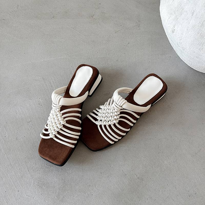 Krazing Pot Straw Weaving Summer Size 40 High Quality Slip on French Chic Thick Heels Women Peep Toe Sandals