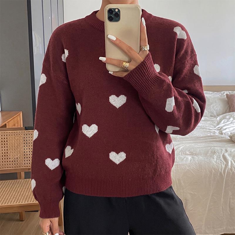 Autumn/Winter 2026 Retro Heart Jacquard Sweater for Women - European & American Style