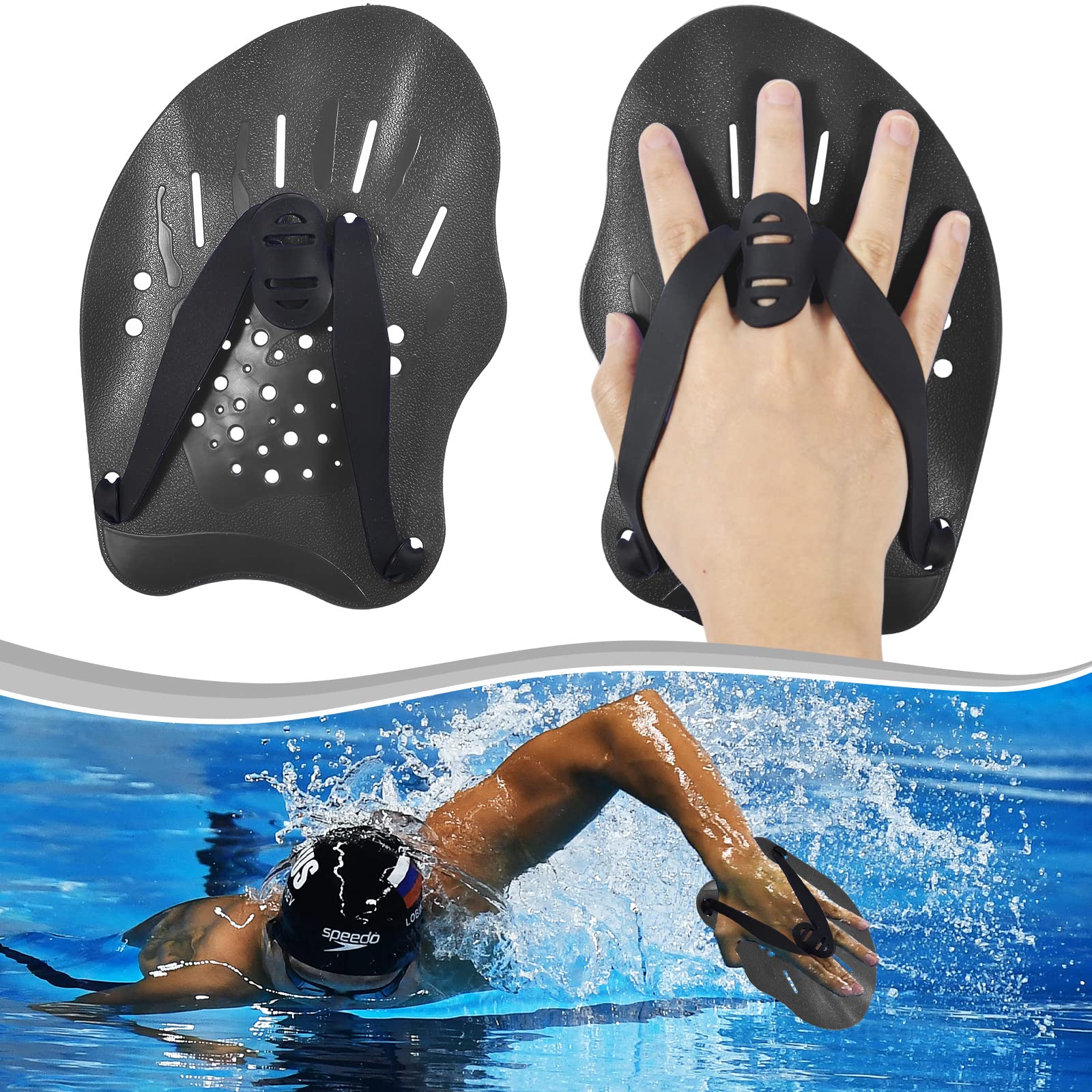 1 Pair of Hand Paddles for Swimming, Unisex Silicone Swimming Hand Paddles with Adjustable Straps, Swimming Training Aid чёрный