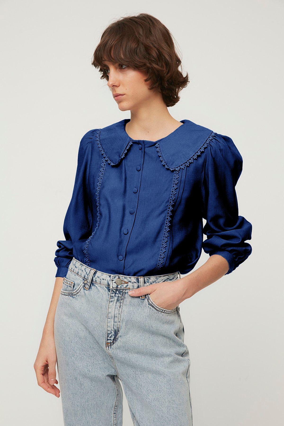

Women s Fashion Dark Navy Blue Lace Detailed Woven Shirt
