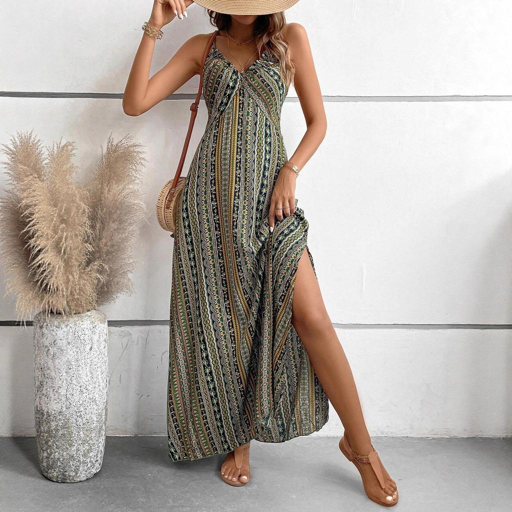 2026 European and American summer new bohemian women's casual lace-up flower dress