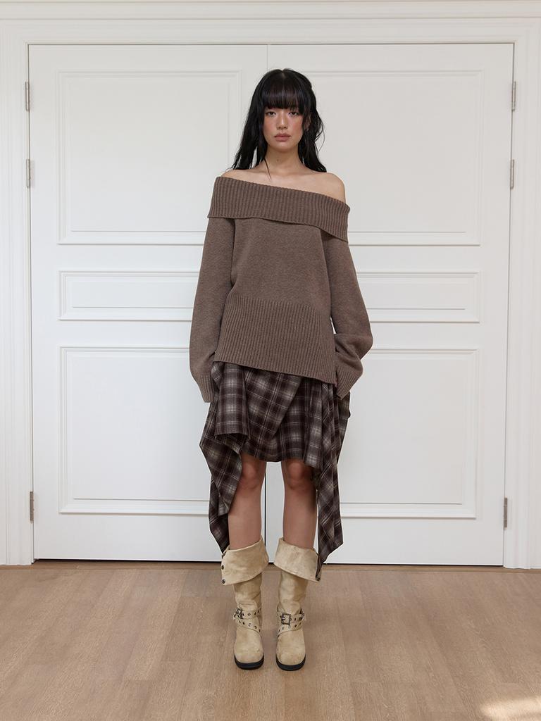 Minderly Check Draped Long Skirt - Brown