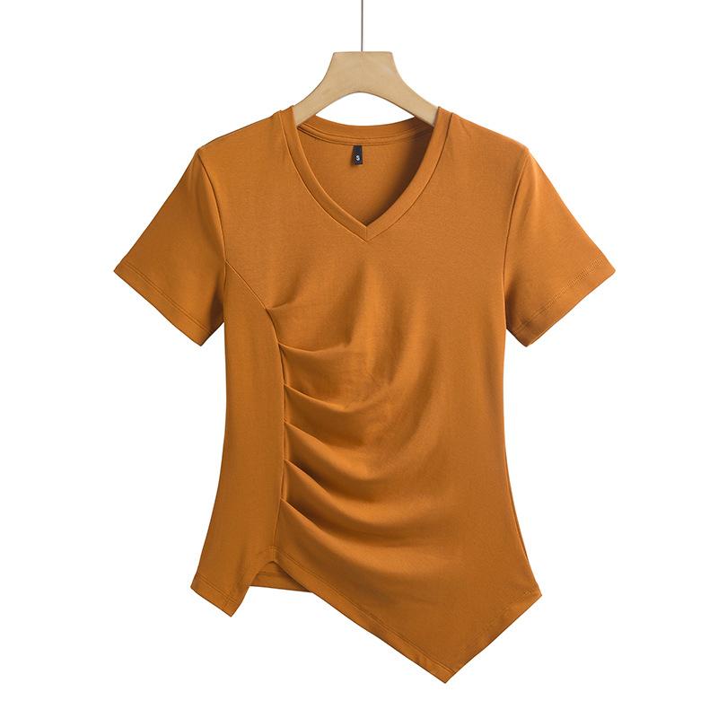 

Тонкая эластичная хлопковая удобная женская футболка с v-образным вырезом и неравномерным краем, с короткими рукавами, хлопковая 3XL темно-коричневого