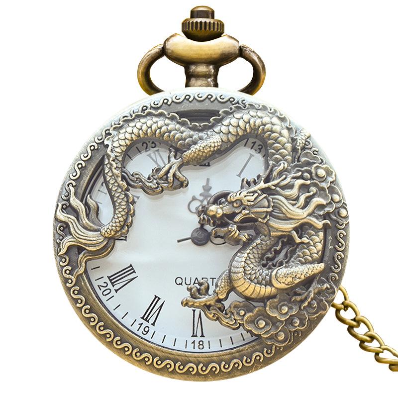 Antique Chinese Zodiac Dragon Vintage Quartz Pocket Watch with Chain, Retro Flip Cover Hollow Pendant Christmas Gift