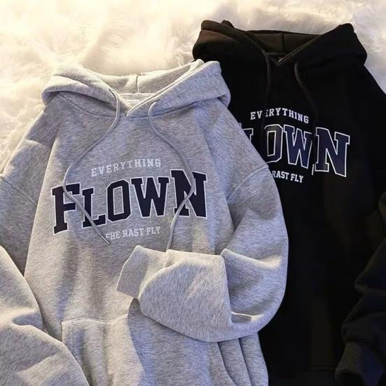 Unisex Fall Spring Hoodie Letter Print Hooded Long Sleeves Elastic Cuff Big Pocket Mid Length Solid Color Daily Wear Casual Couple Top
