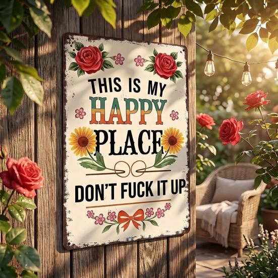Yousheng This Is My Happy Place Metal Sign Vintage Floral Garden Wall Decor Rustic Hanging Plaque for Outdoor Garden Patio Garage