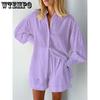WTEMPO Completo Casual con Camicia Larga e Pantaloncini da Donna Set 2 Pezzi Set Blusa Bianca Pantaloncini Estate Maniche a Lanterna Outfit Femminili