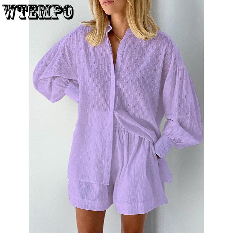 WTEMPO Completo Casual con Camicia Larga e Pantaloncini da Donna Set 2 Pezzi Set Blusa Bianca Pantaloncini Estate Maniche a Lanterna Outfit Femminili