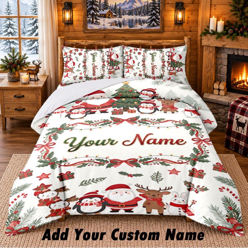 Christmas Custom Name Pattern Bedding 3Pcs Set Bed Sheet Pillowcases Indoor Bedroom Holiday Gift