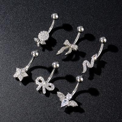Fashion Zircon Belly Button Rings Stainless Steel Bow Heart Navel Piercing Ring For Women Sexy Belly Piercing Ring Body Jewelry