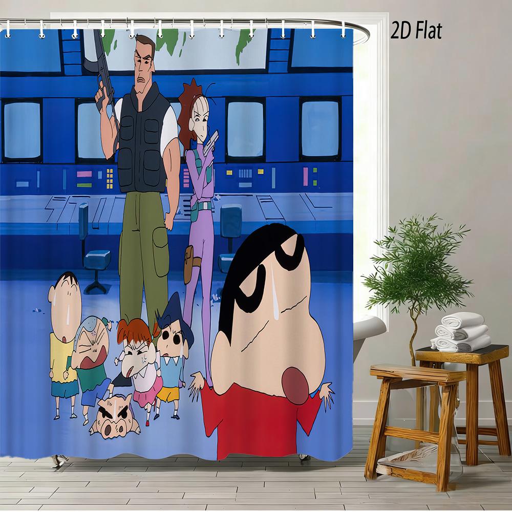 Crayon Shin-Chan & Friends Adventure 2D Print Waterproof Shower Curtain, Anime Bathroom Decor With Hooks
