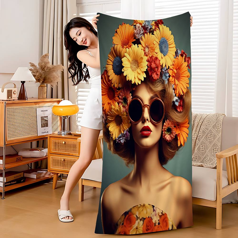 1pc Nordic Boho Fashion Glasses Woman With Flowers Beach Towel Bath Towels For Microfiber Quick Dry Sand Yoga Gym Pool