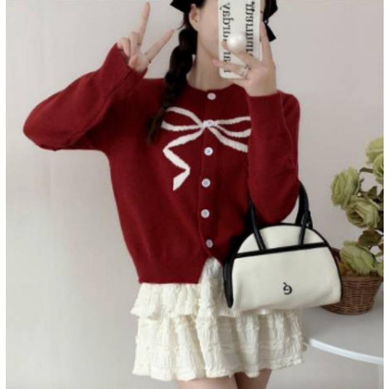 

Новый однотонный милый пуловер жаккардовой вязки с круглым вырезом и бантом, уменьшающий возраст, женский кардиган One size