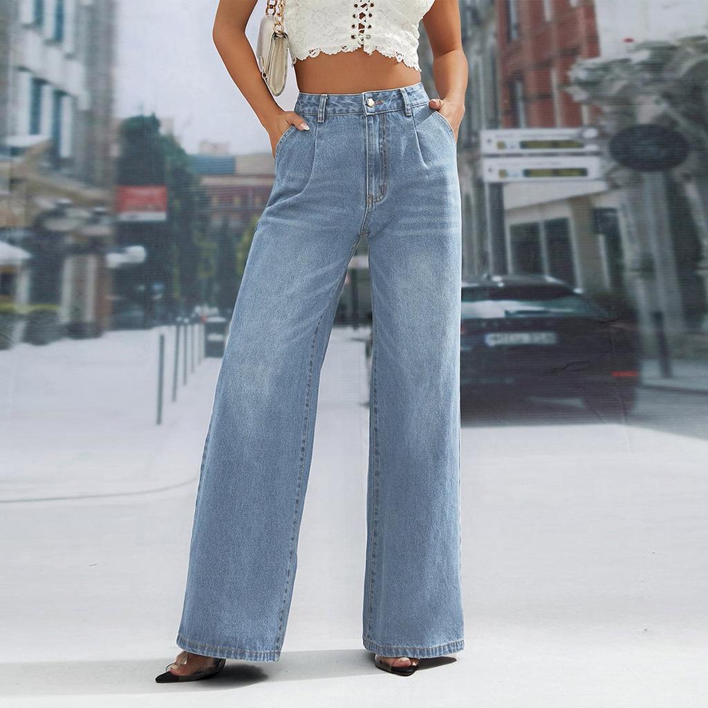 Jeans casual feminino de cor sólida com bolsos