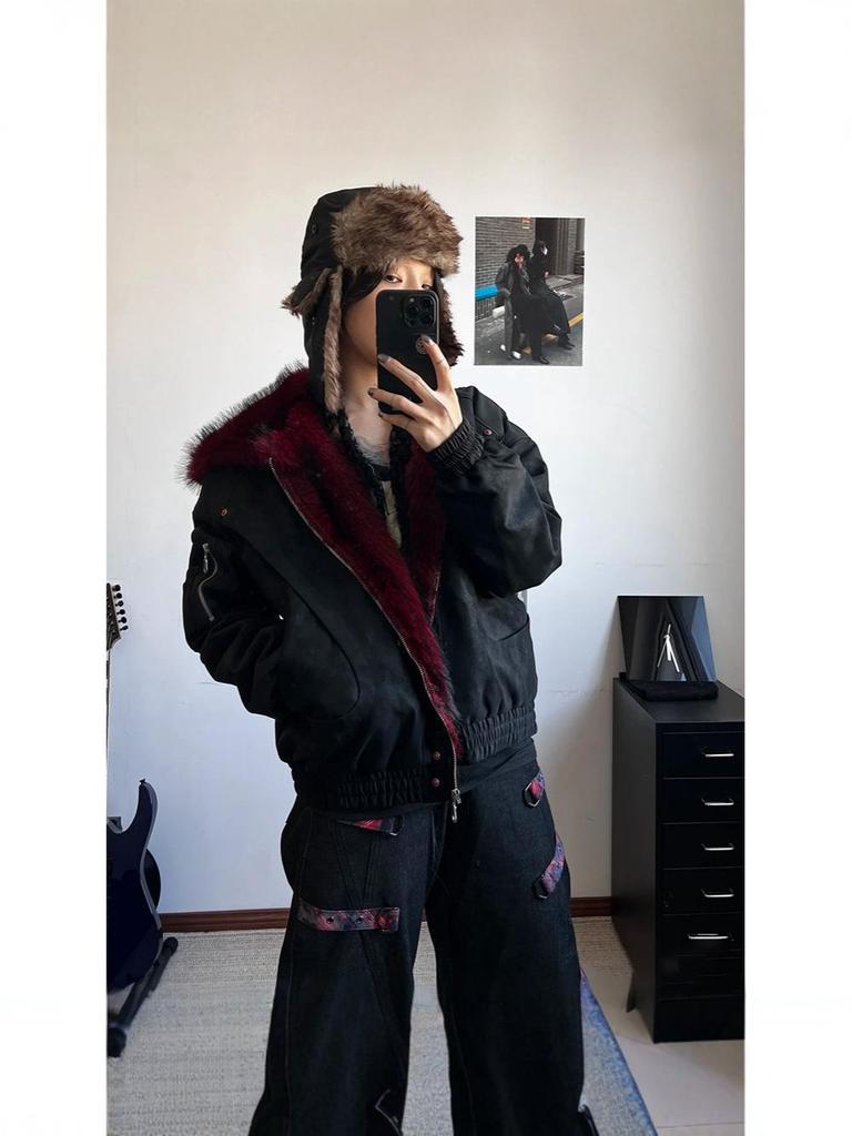 Men's Retro Red Fur Collar PU Leather Cotton Jacket - Heavyweight, Plus Velvet, Thickened, Warm