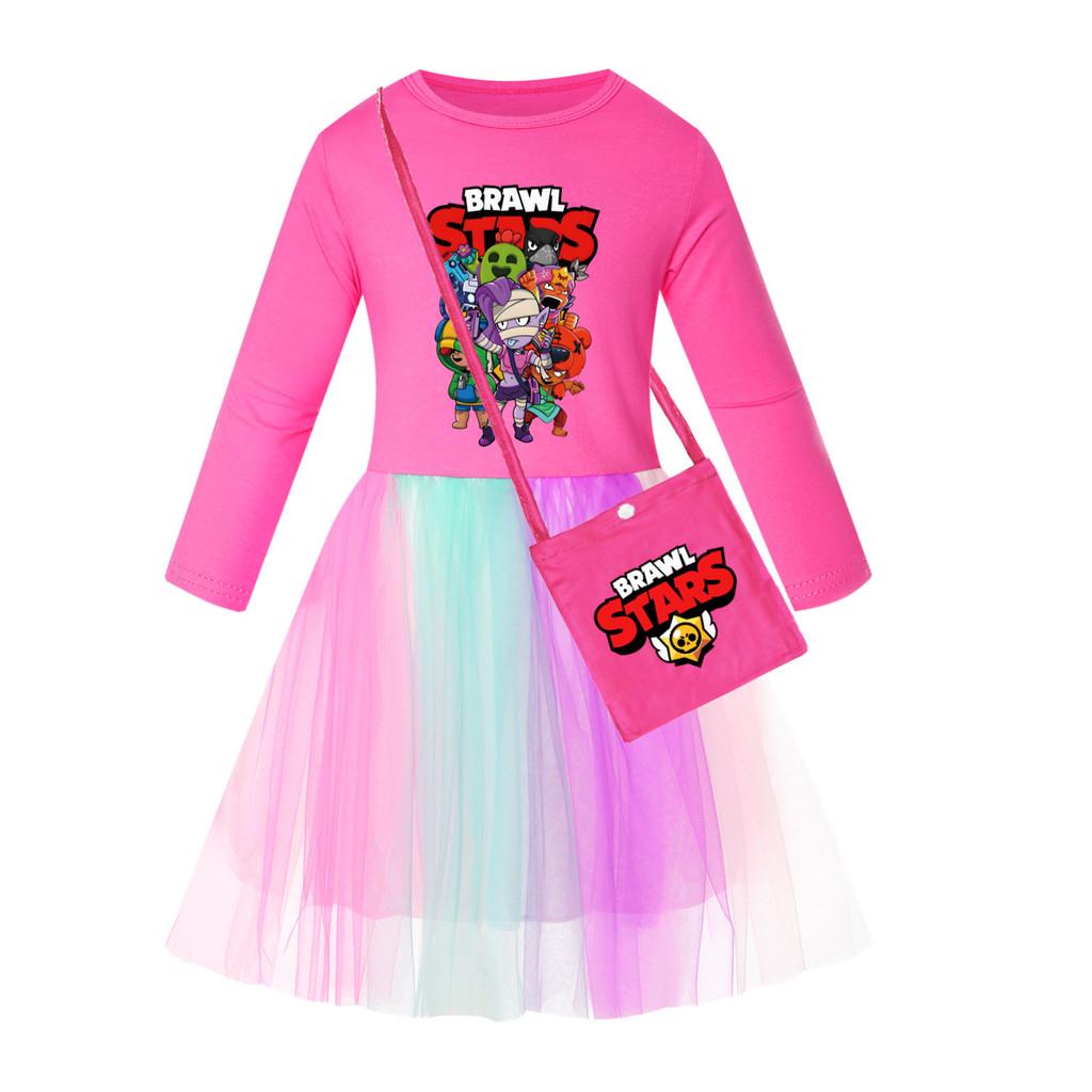 4094 Girls Brawl Stars Print Mesh Rainbow Princess Dress