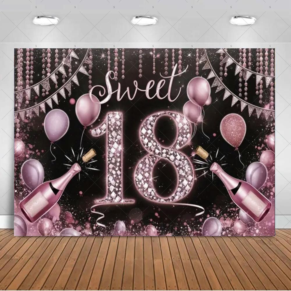 18th  Birthday Partys Decoration Backgound Black Gold Glitter Balloon Banner Women Men Boys Girls Bar Mitzvah Photography Props