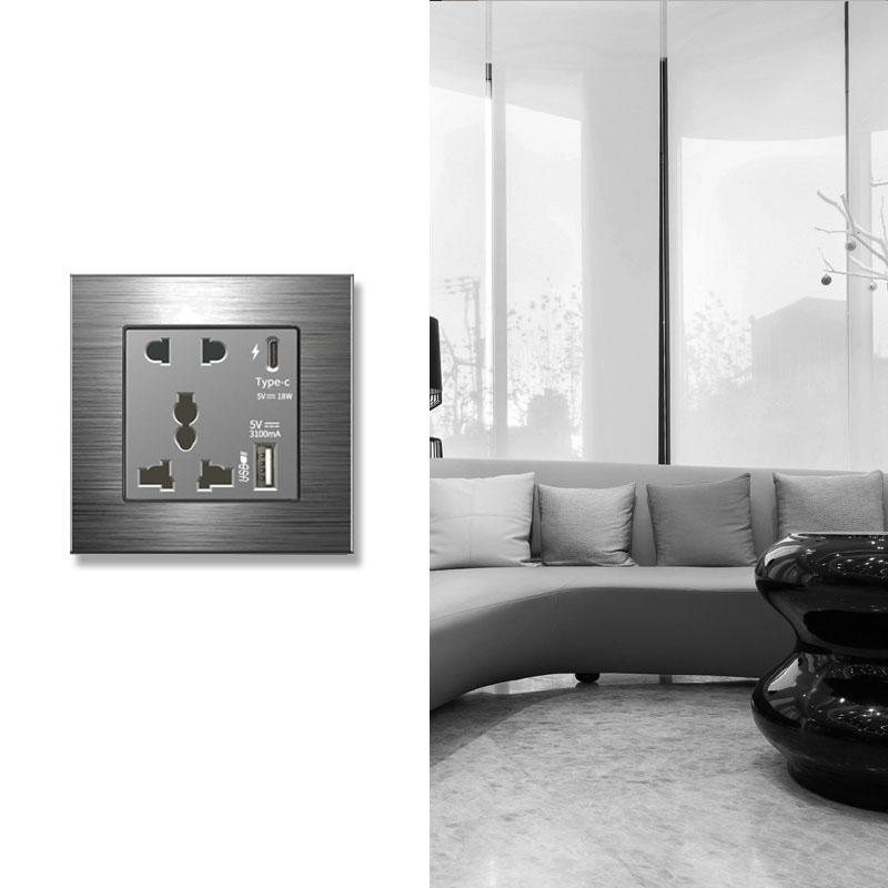 18W Type-C Fast Charging Universal 5-pin Dual Power Socket,Stainless Steel  Electrical Outlet with DC 5V 3.1A Type-c USB Charger