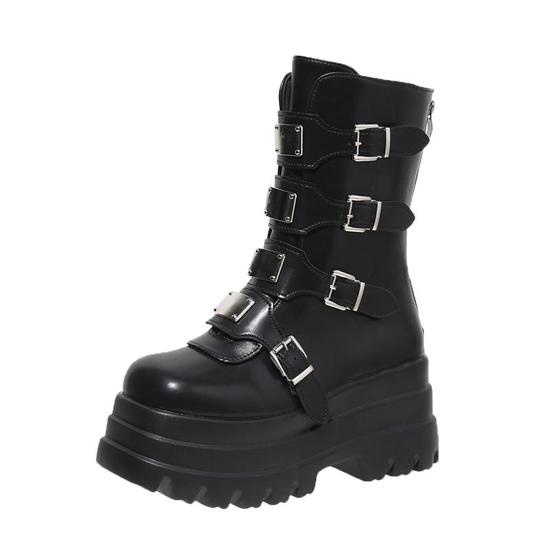 Fashion Women Punk Boots 8 CM Platform Outdoor Shoes Personalized Metal Design Chunky Boots Cool Nightclub Party Casual Zip Shoes 35-42