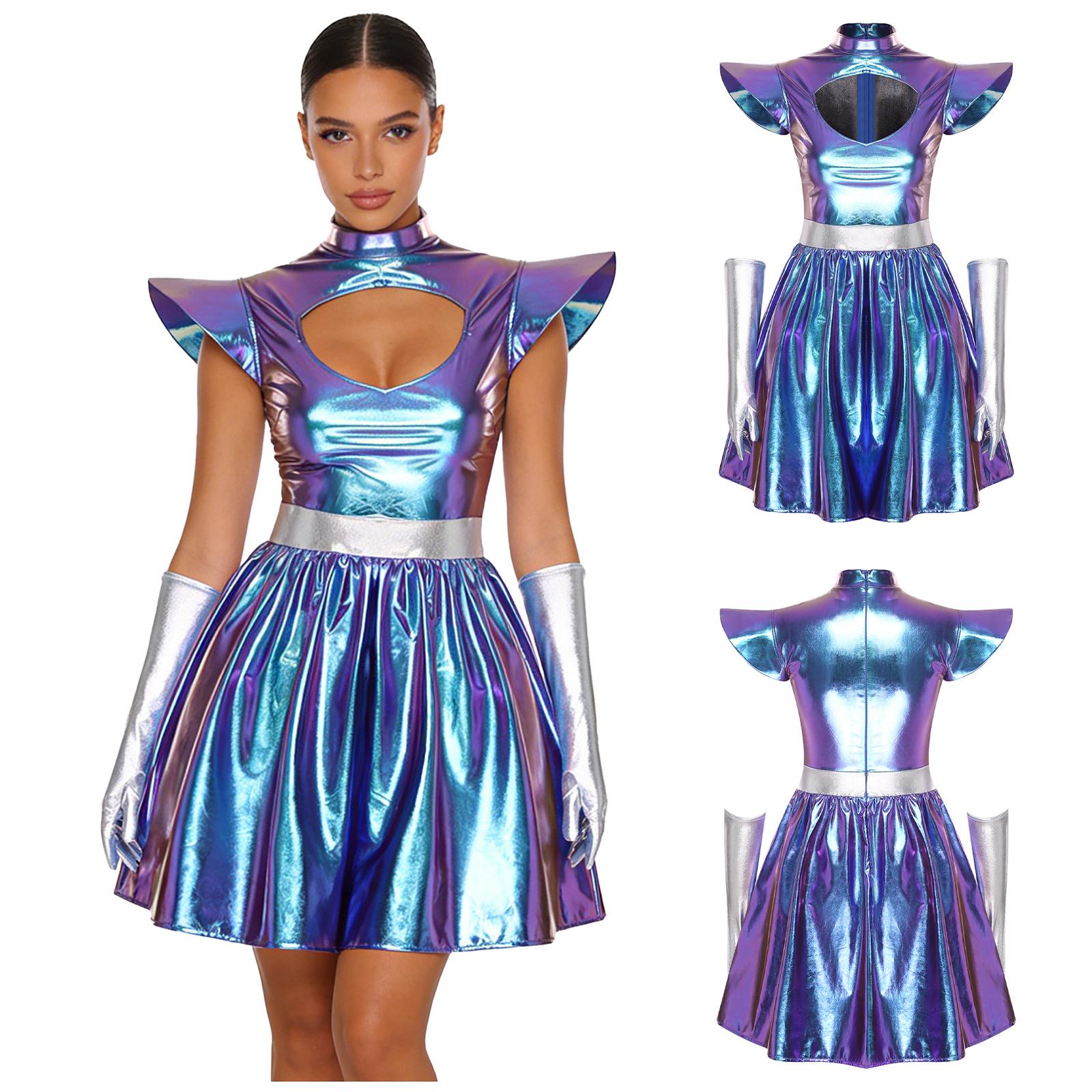 

S-3XL Жіночий костюм інопланетянина для рольової гри, блискуча металева сукня зі структурованими плечима, виріз на шиї та рукавички, костюм для космічної вечірки XL