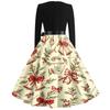Women's Casual Vintage V-Neck Dress with Christmas Snowflake and Tree Print for Holiday Parties