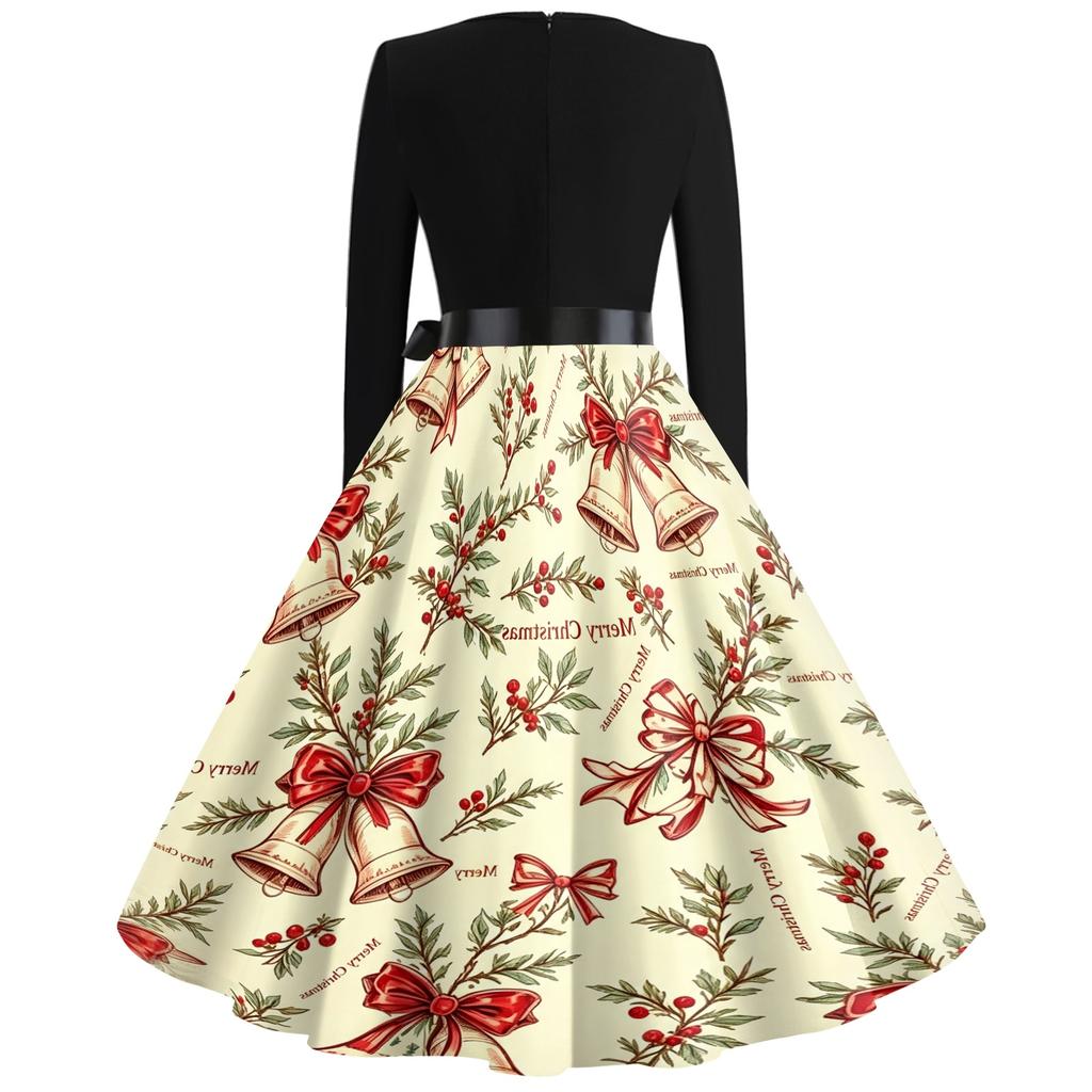 Women's Casual Vintage V-Neck Dress with Christmas Snowflake and Tree Print for Holiday Parties