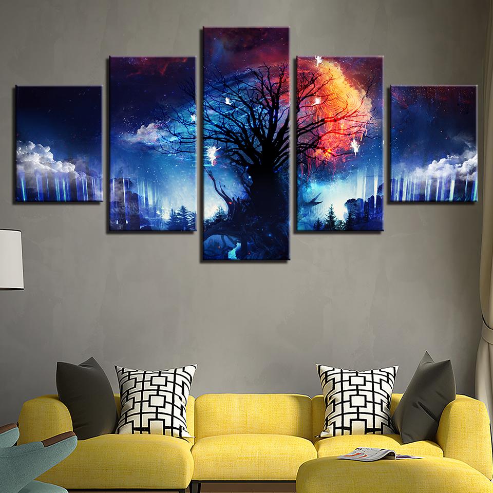 Wandkunst Leinwandgemälde 5-teilig Zauberbaum umgeben von Wolken HD-Drucke Sternenwald Fee Posterrahmen Wohnkultur