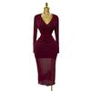 European and American spring and autumn new V-neck elastic mesh slim-fitting sexy solid color dress medium and long dress