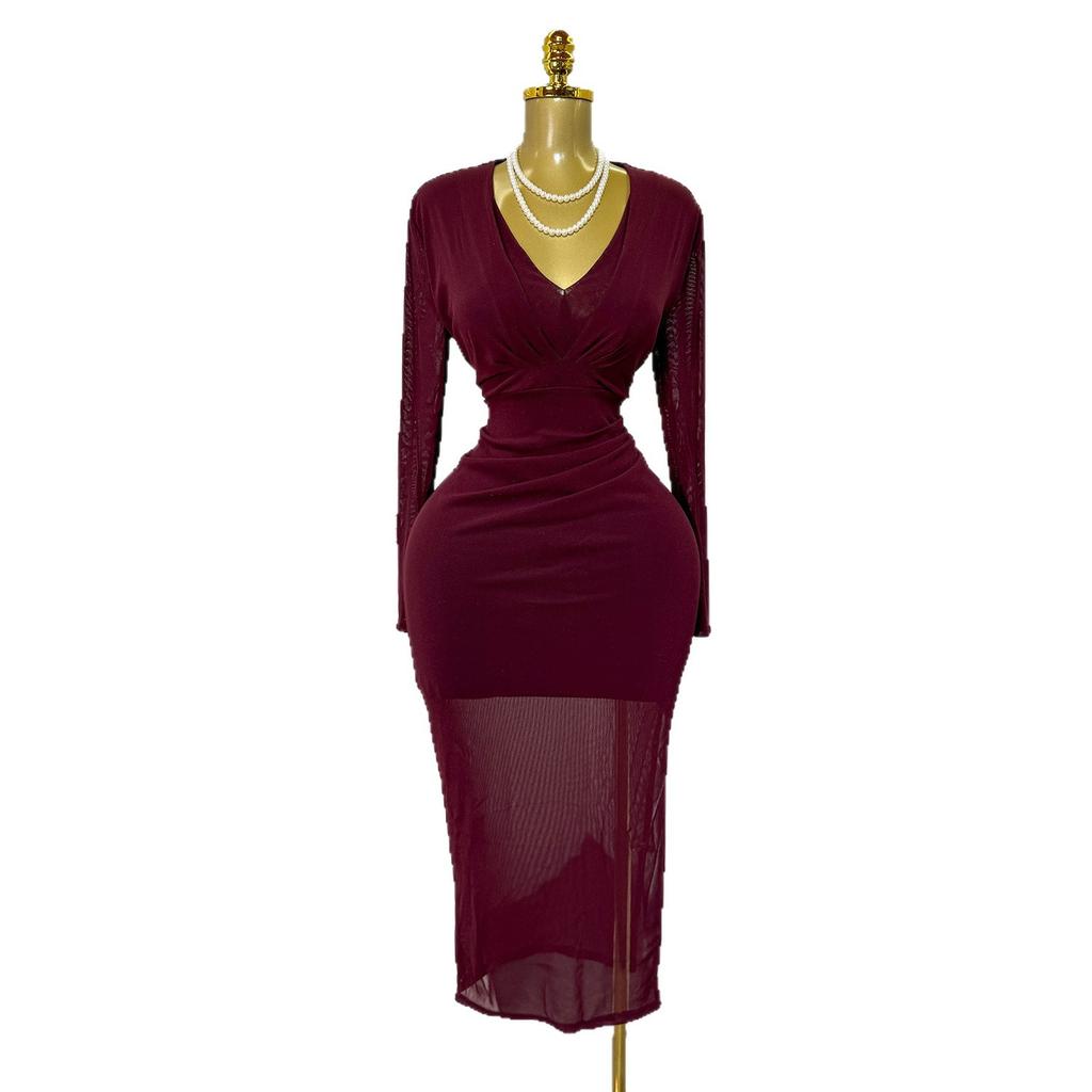 European and American spring and autumn new V-neck elastic mesh slim-fitting sexy solid color dress medium and long dress