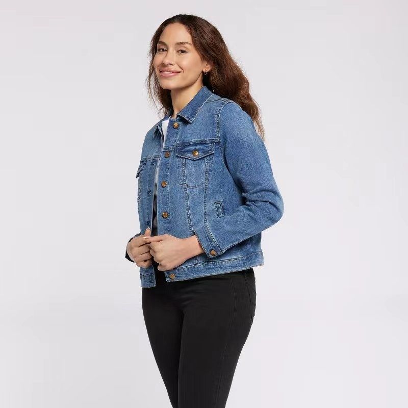 

Европейский и американский Одиночный Весна-Лето Новый Эластичный Хлопок Лацкан Деним Верхняя одежда Стройнящий Силуэт Большой Размер Все-Сочетаемые Женские Топы Dark blue M