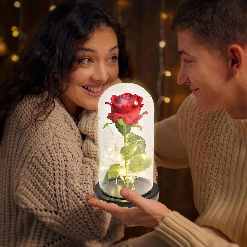 Eternal Rose LED Light Artificial Rose Flowers Preserved Rose in Glass Cover Light Up Rose in Glass Dome for Wedding Anniversary