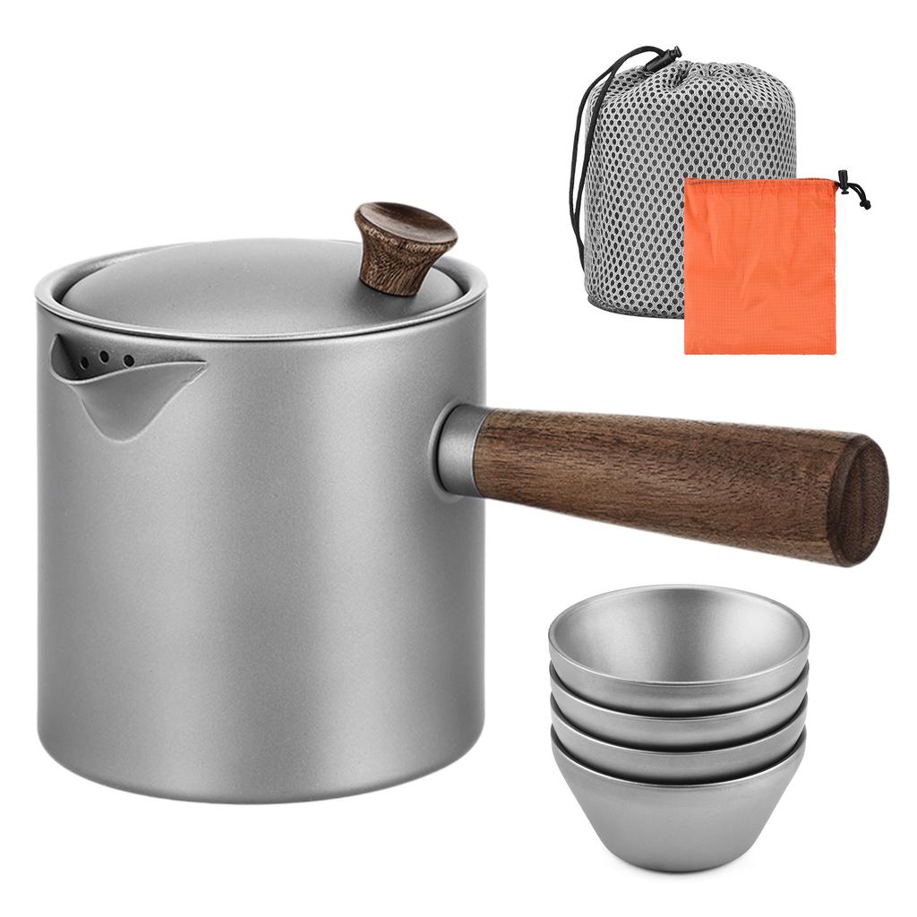 Ti Tea Kettle with Wood Handle Portable Tea Maker with Strainer for Camping Hiking